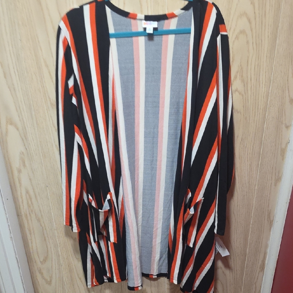 LuLaRoe CAROLINE  Black, White, And Orange Striped Knit Cardigan